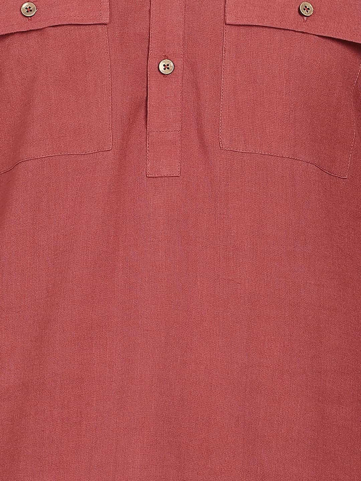Men's Red Linen Solid Pathani Co-ord Set