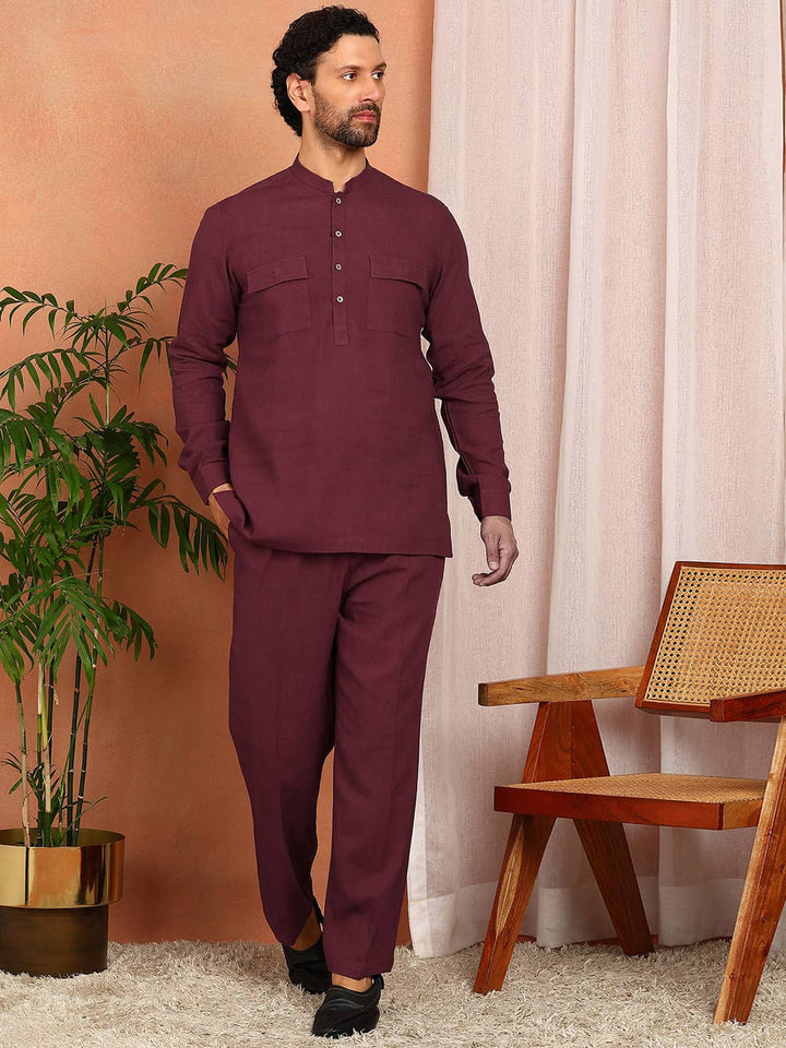 Men's Maroon Linen Solid Pathani Co-ord Set