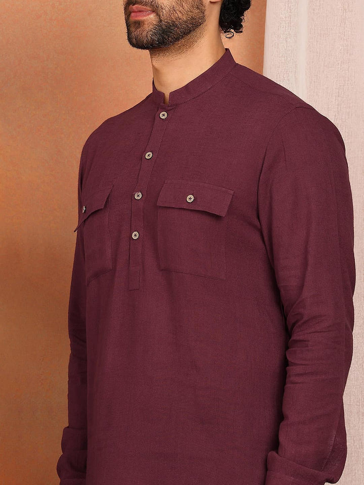 Men's Maroon Linen Solid Pathani Co-ord Set