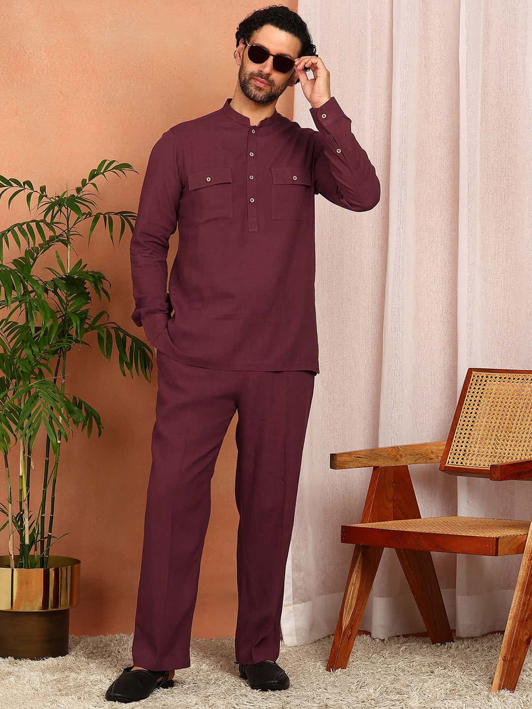 Men's Maroon Linen Solid Pathani Co-ord Set