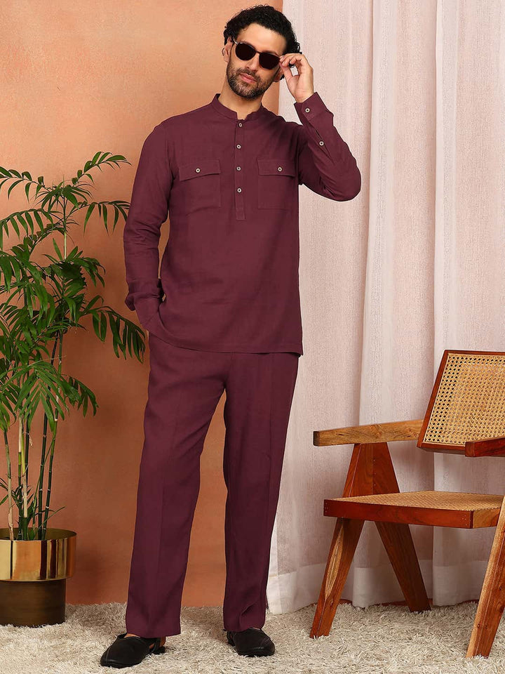 Men's Maroon Linen Solid Pathani Co-ord Set