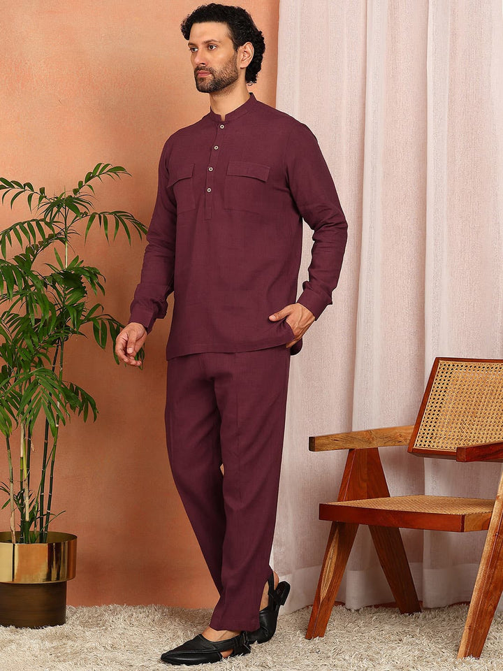 Men's Maroon Linen Solid Pathani Co-ord Set