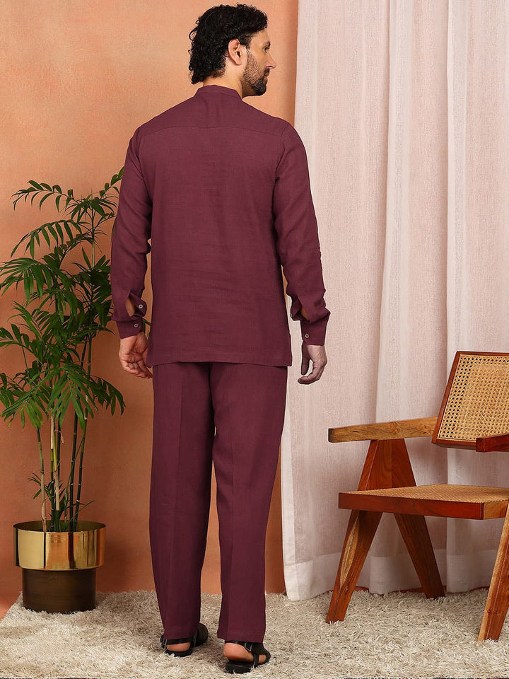 Men's Maroon Linen Solid Pathani Co-ord Set