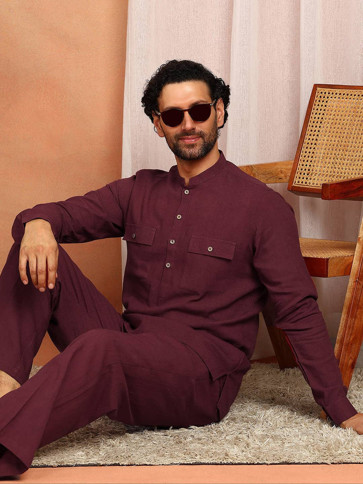 Men's Maroon Linen Solid Pathani Co-ord Set