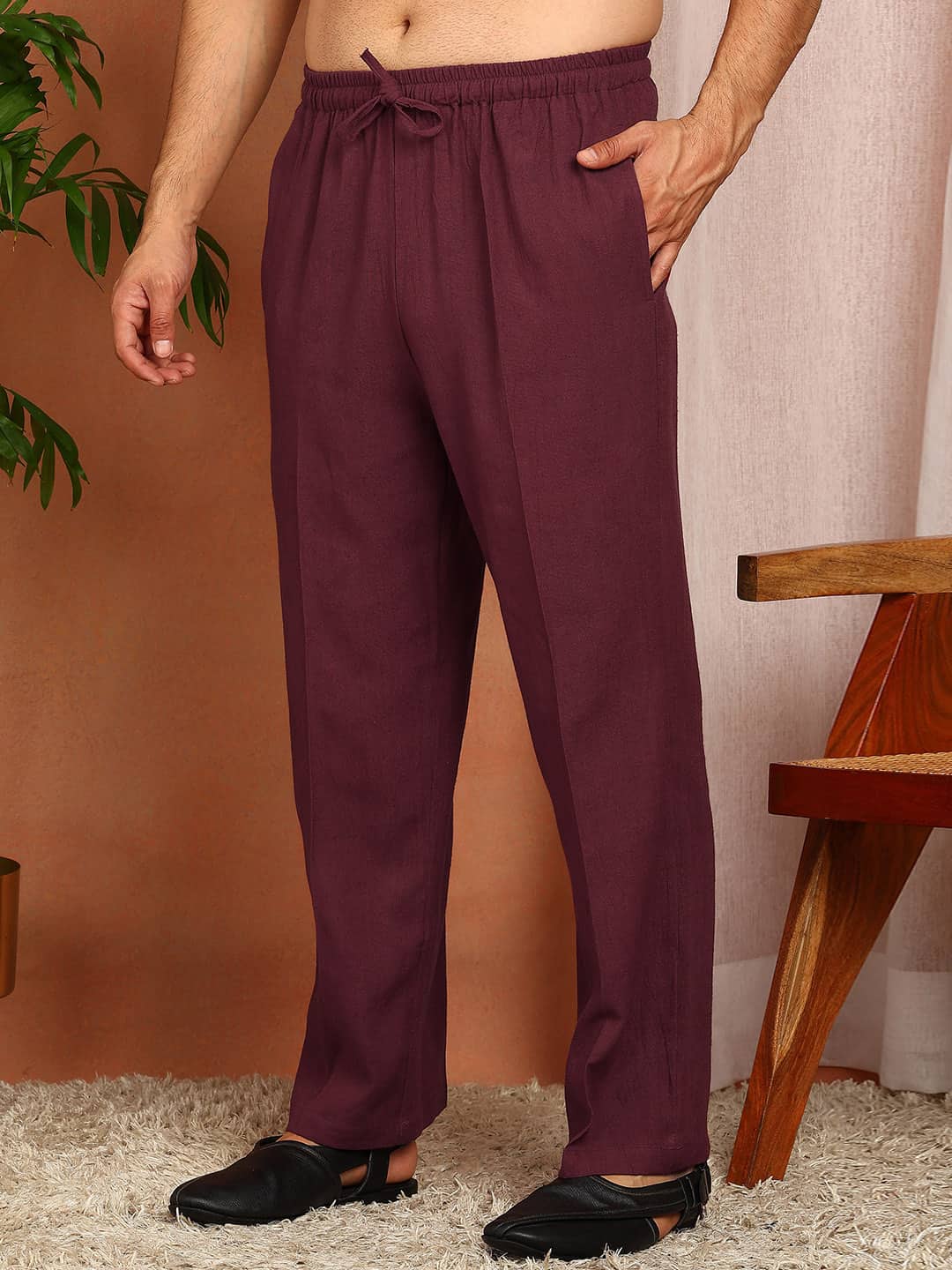 Men's Maroon Linen Solid Pathani Co-ord Set