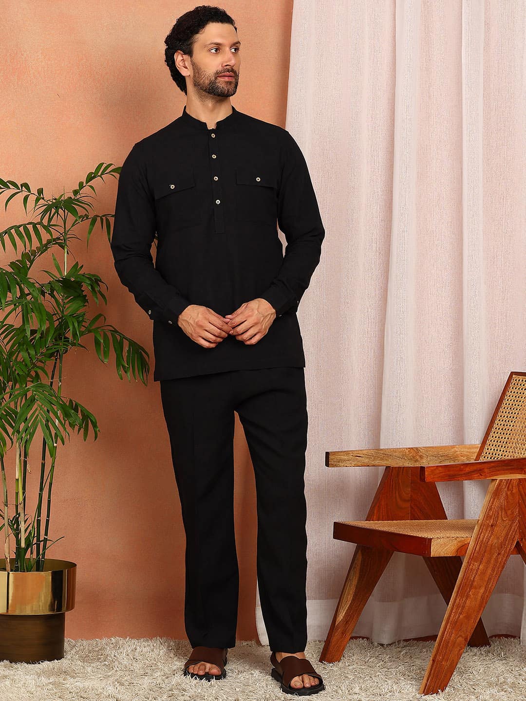 Men's Black Linen Solid Pathani Co-ord Set