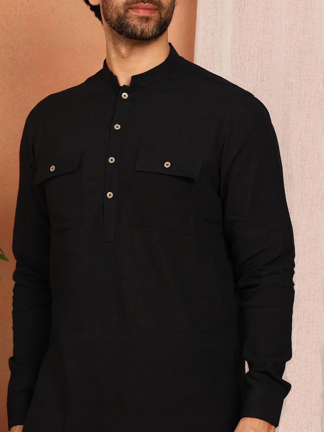Men's Black Linen Solid Pathani Co-ord Set