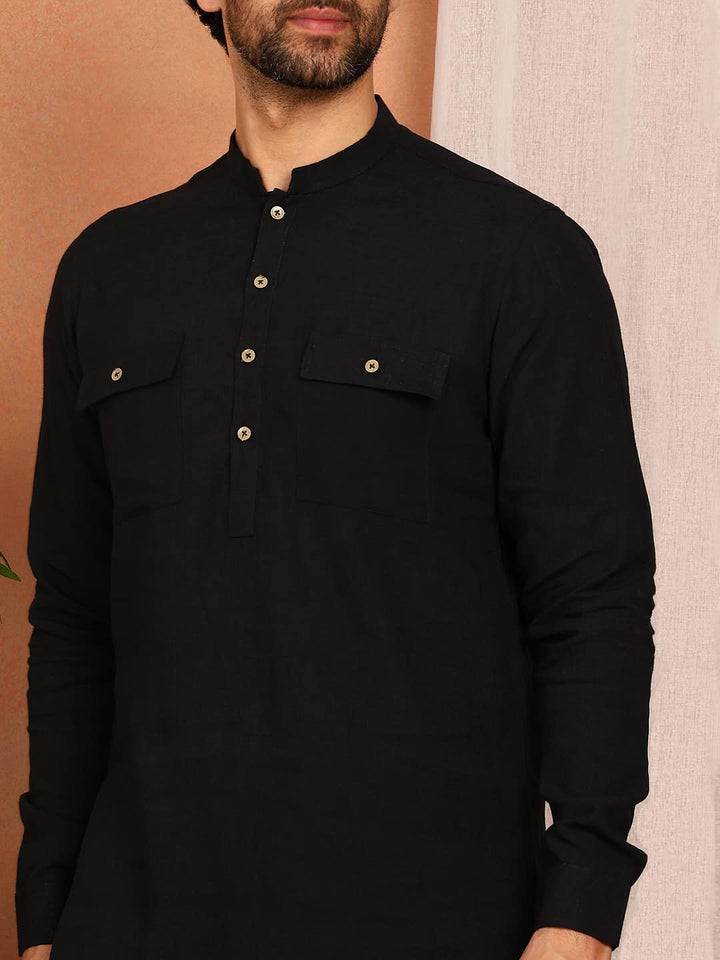 Men's Black Linen Solid Pathani Co-ord Set