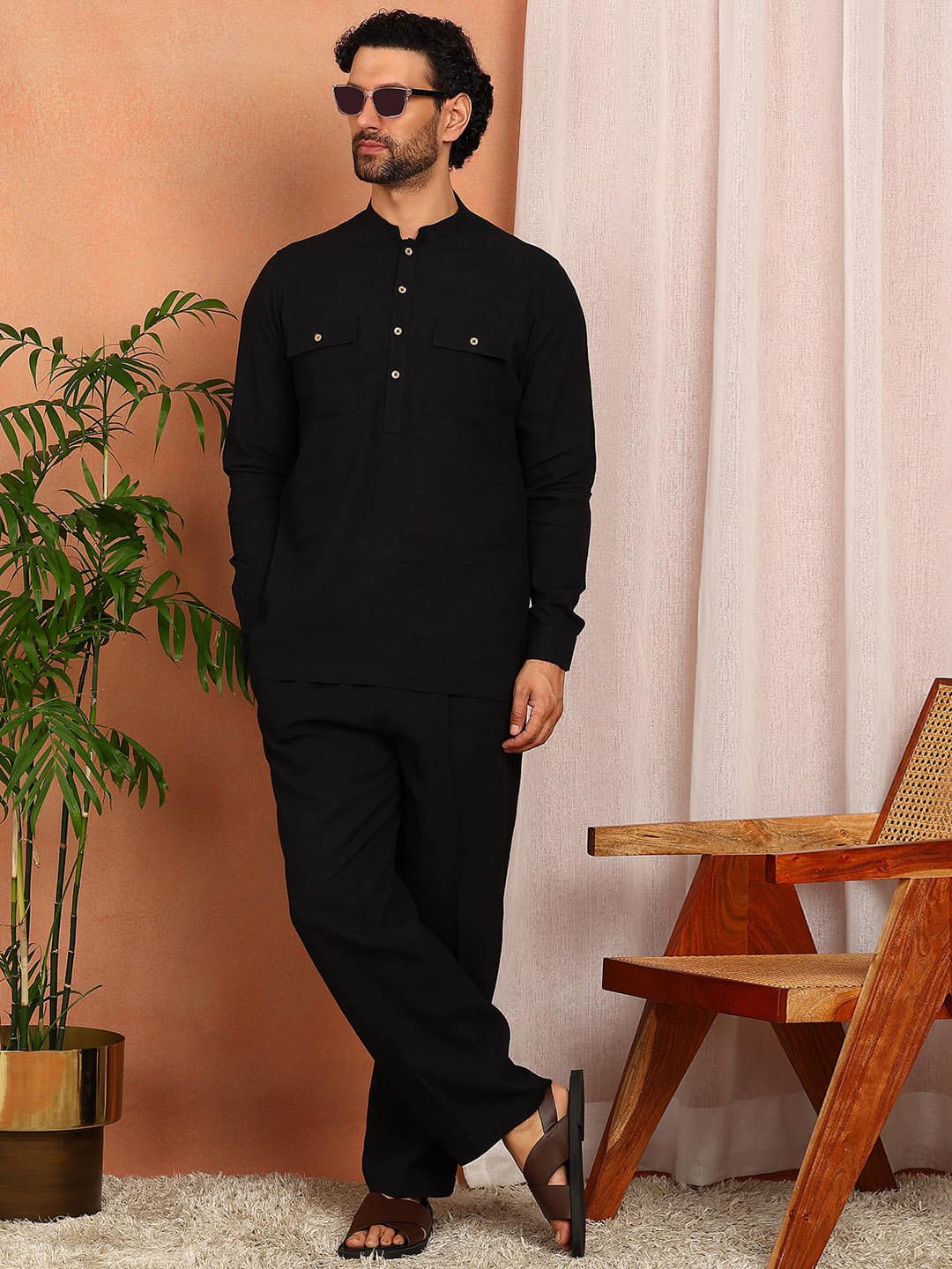 Men's Black Linen Solid Pathani Co-ord Set