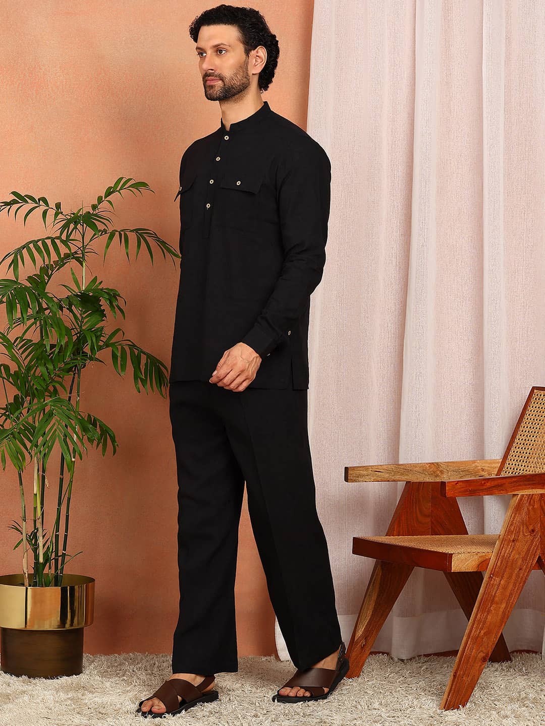 Men's Black Linen Solid Pathani Co-ord Set