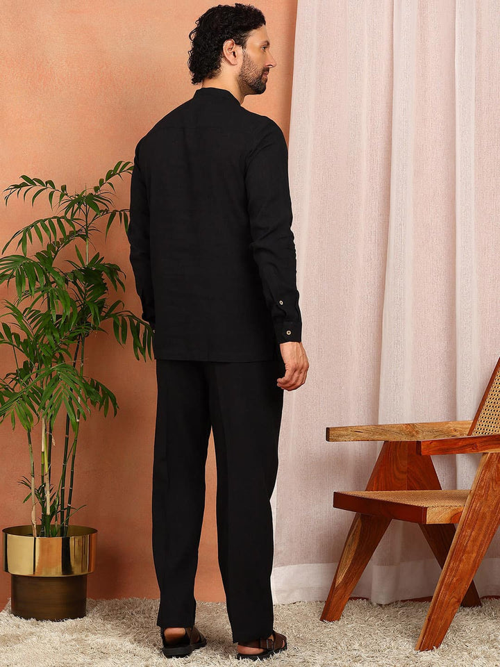 Men's Black Linen Solid Pathani Co-ord Set