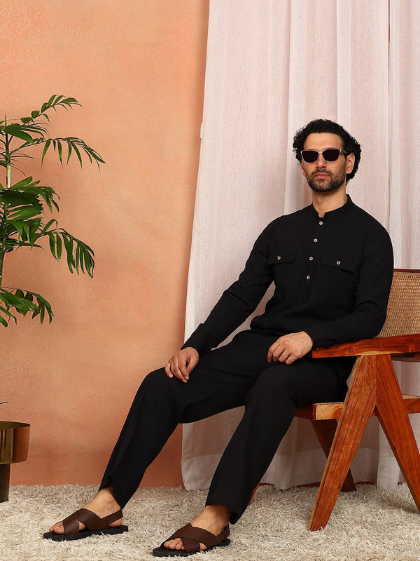 Men's Black Linen Solid Pathani Co-ord Set – Black | Linen