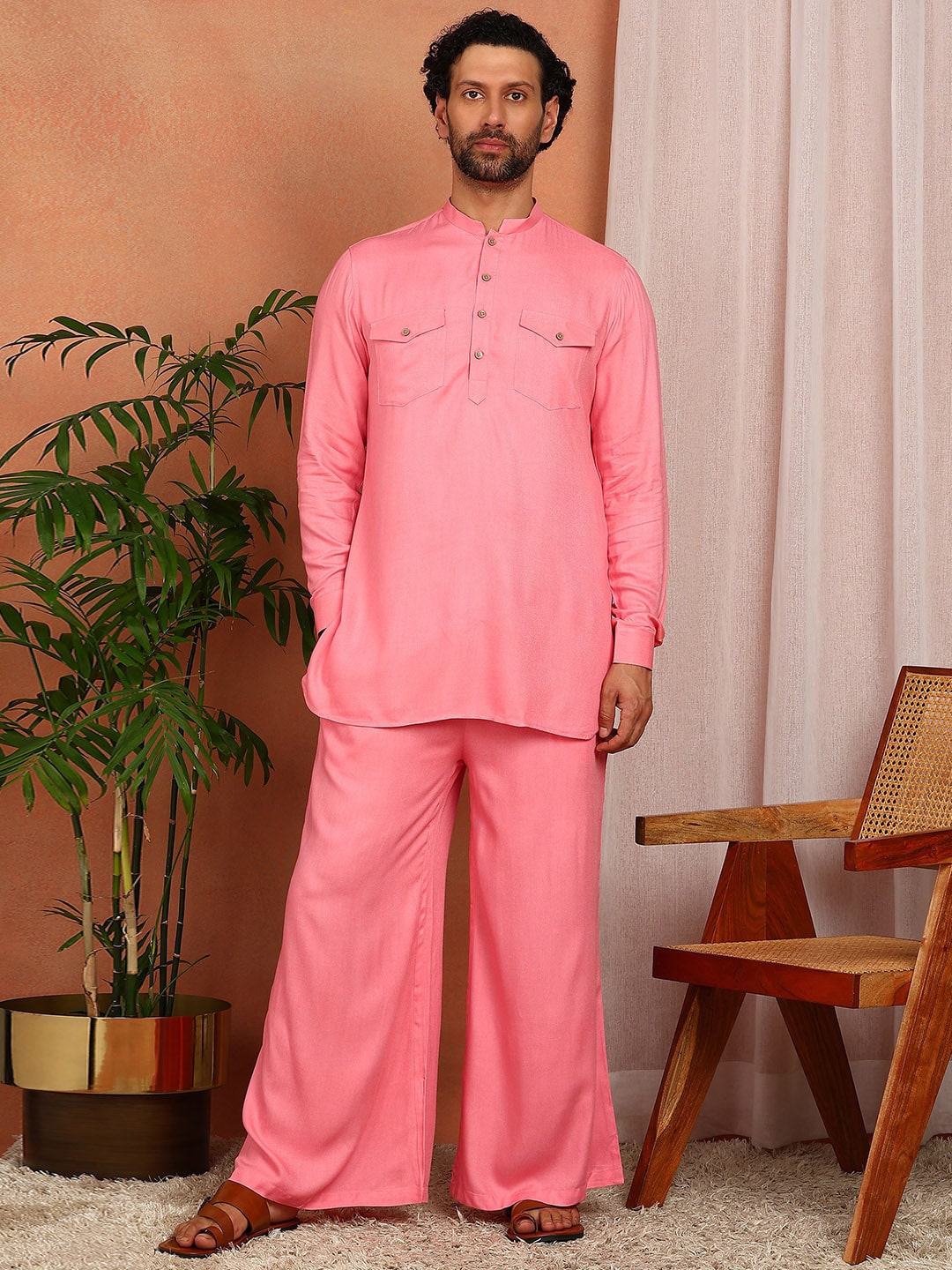 Men's Pink Viscose Rayon Solid Pathani Set
