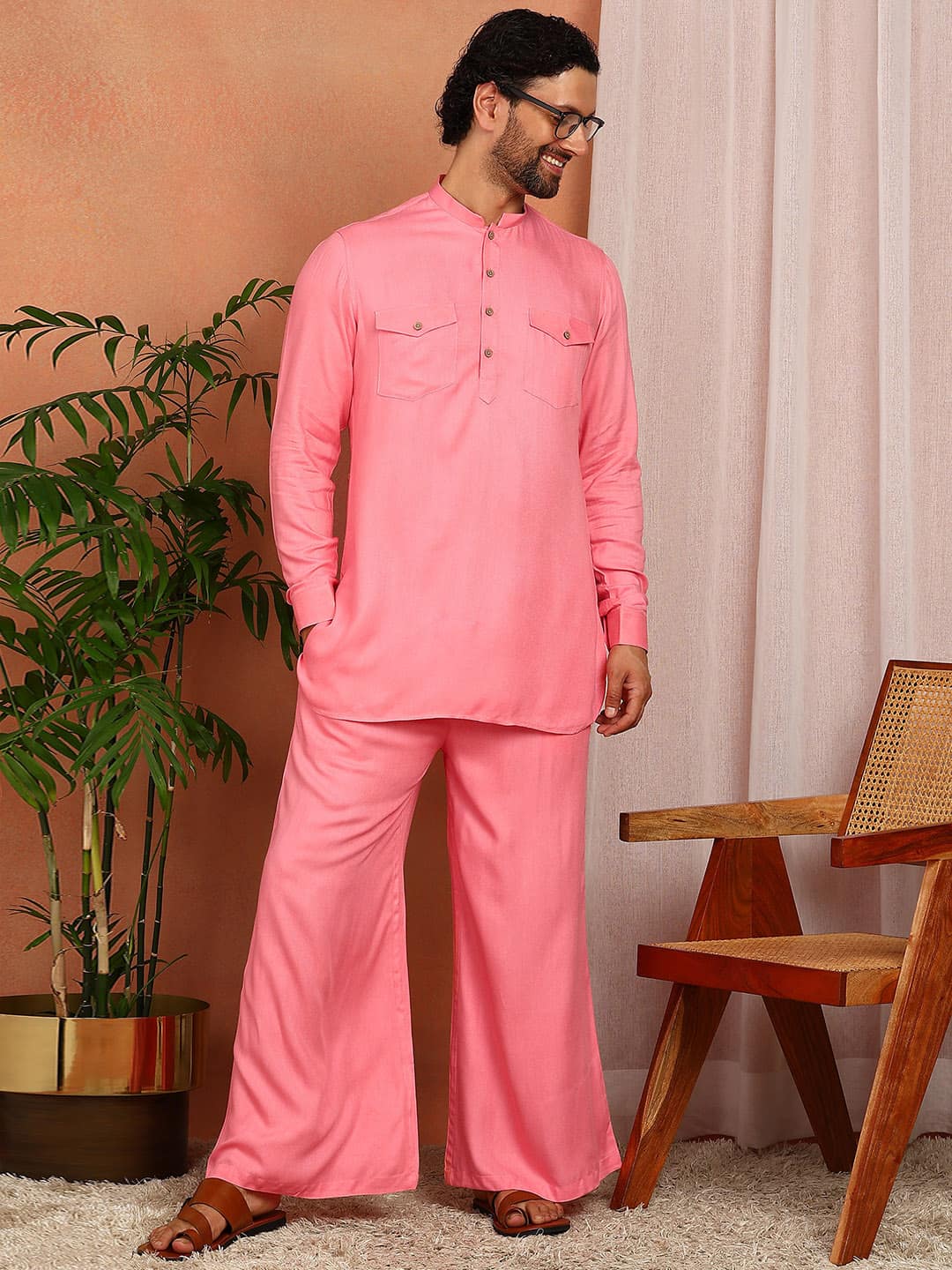 Men's Pink Viscose Rayon Solid Pathani Set