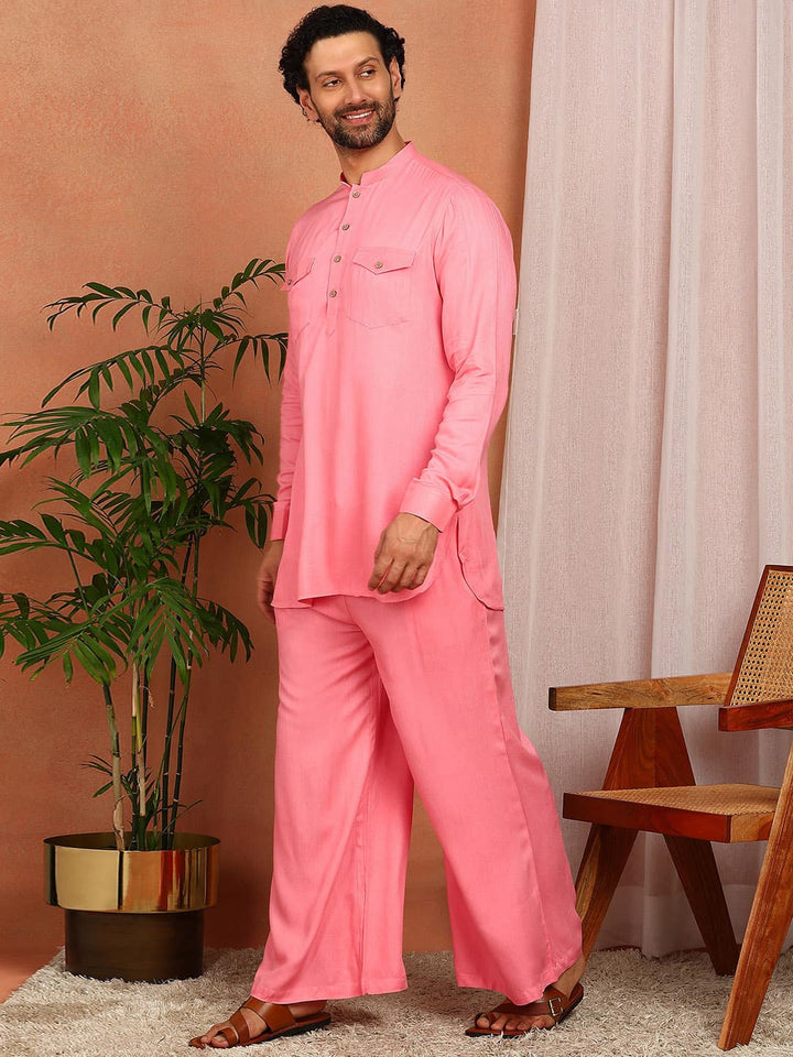 Men's Pink Viscose Rayon Solid Pathani Set