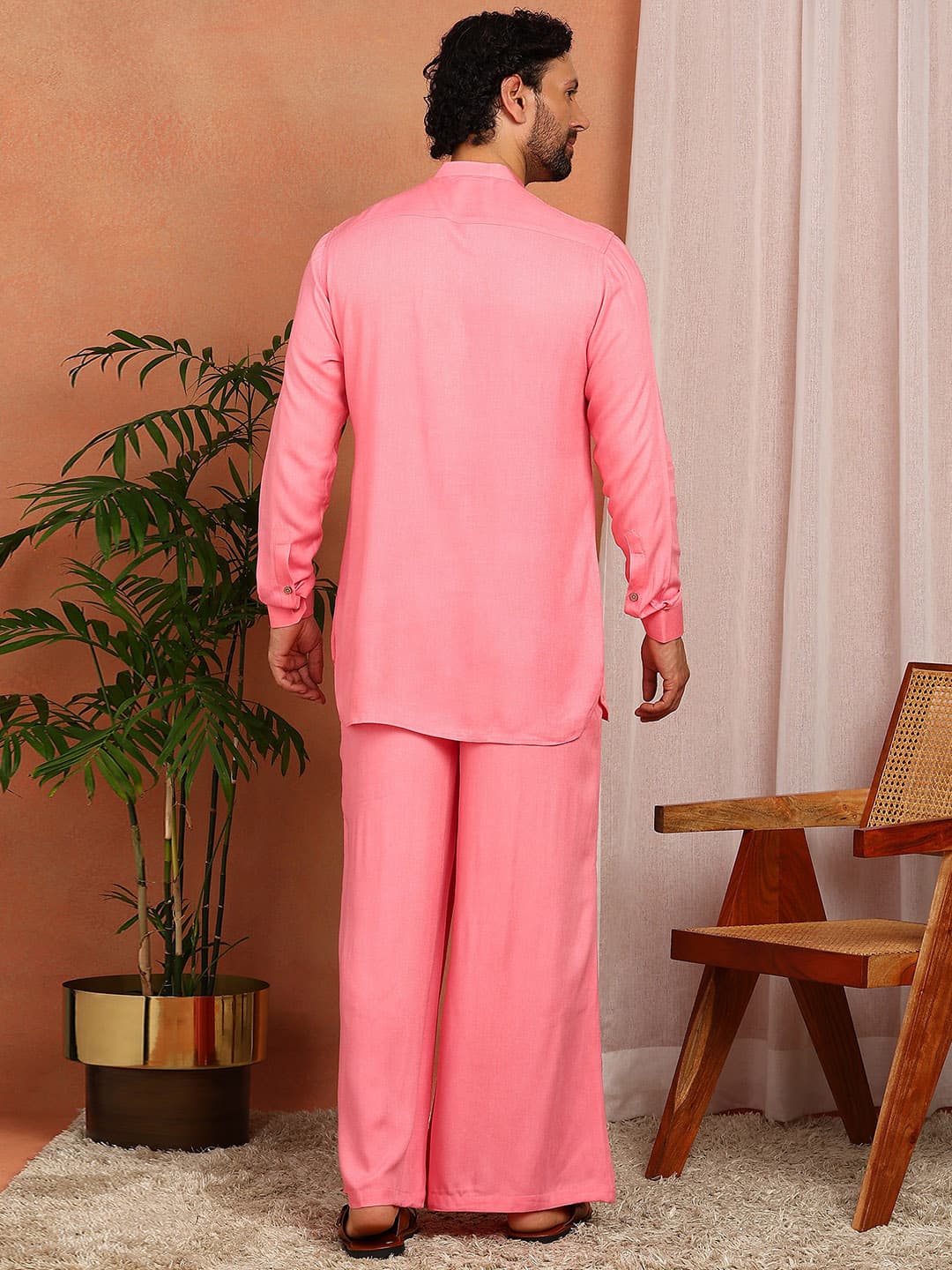 Men's Pink Viscose Rayon Solid Pathani Set
