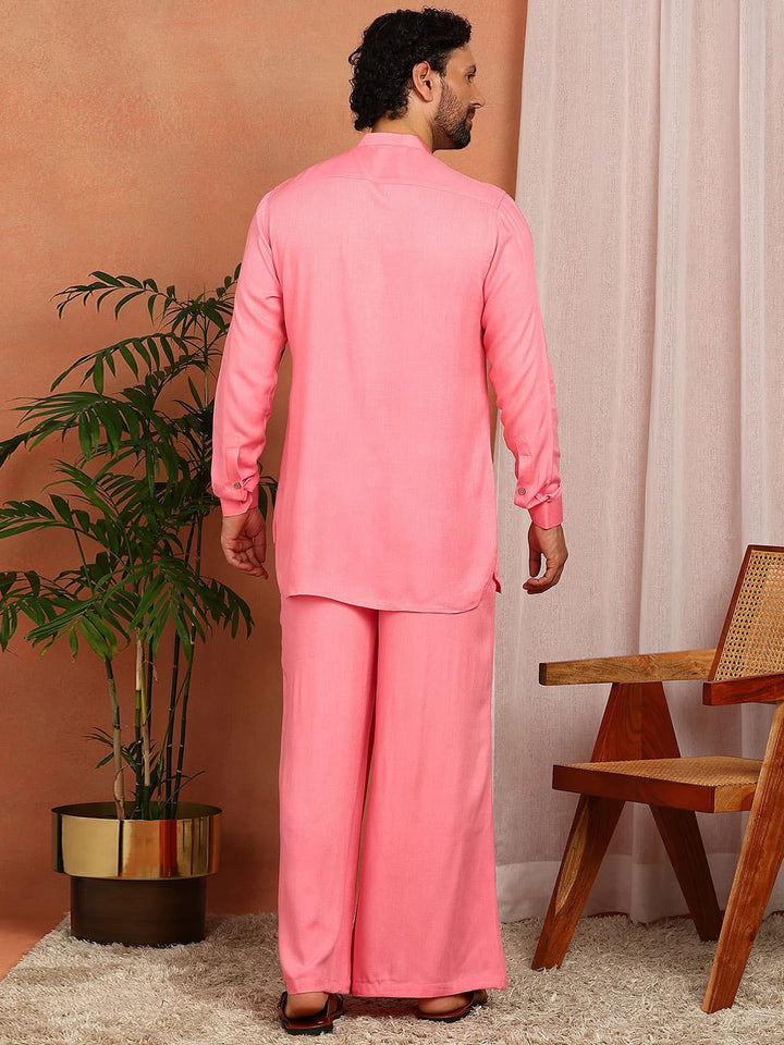 Men's Pink Viscose Rayon Solid Pathani Set