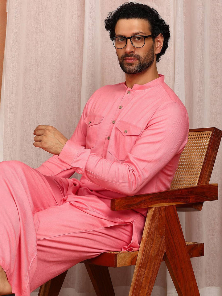 Men's Pink Viscose Rayon Solid Pathani Set