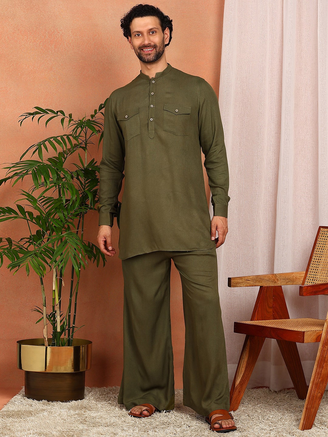Men's Olive Viscose Rayon Solid Pathani Set