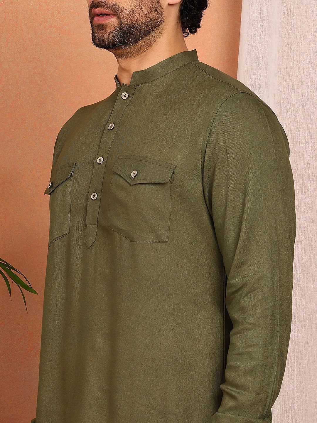 Men's Olive Viscose Rayon Solid Pathani Set