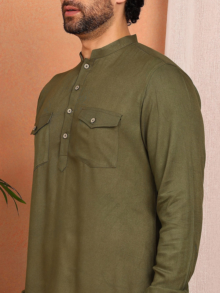 Men's Olive Viscose Rayon Solid Pathani Set