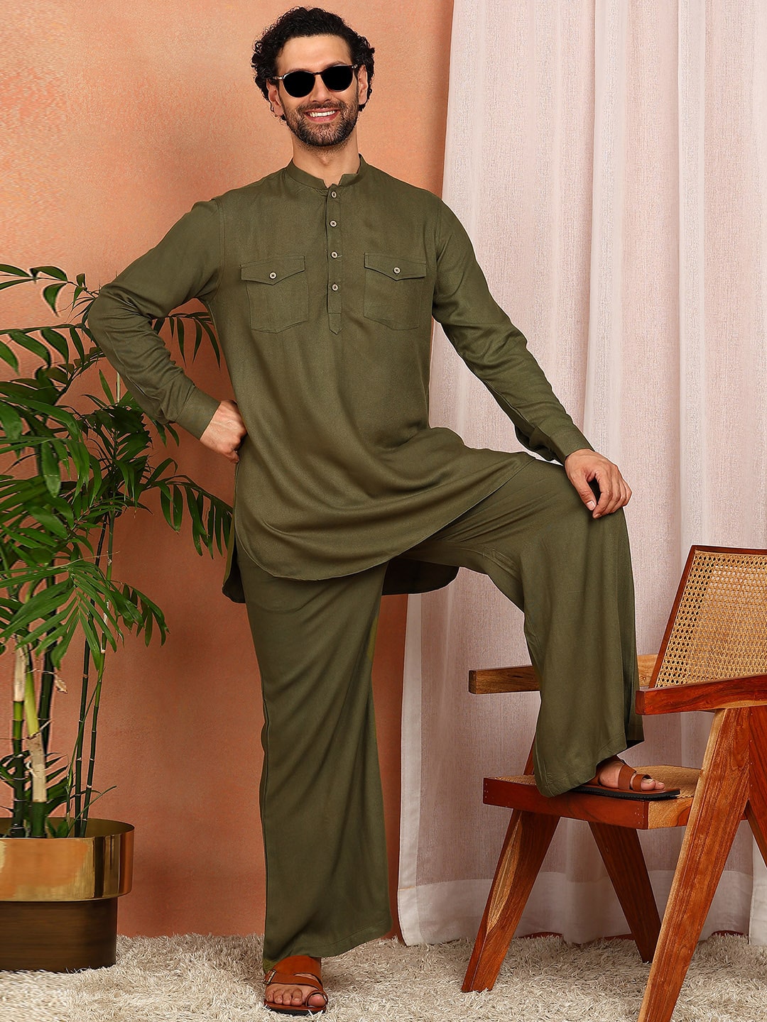Men's Olive Viscose Rayon Solid Pathani Set