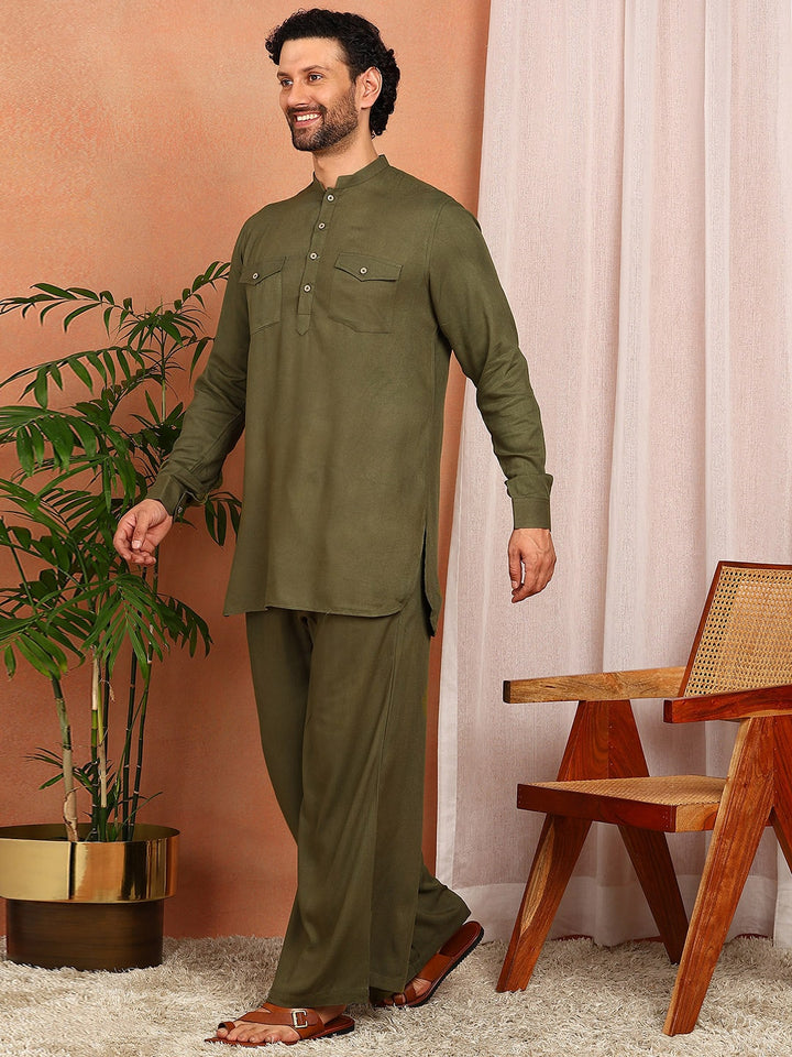 Men's Olive Viscose Rayon Solid Pathani Set