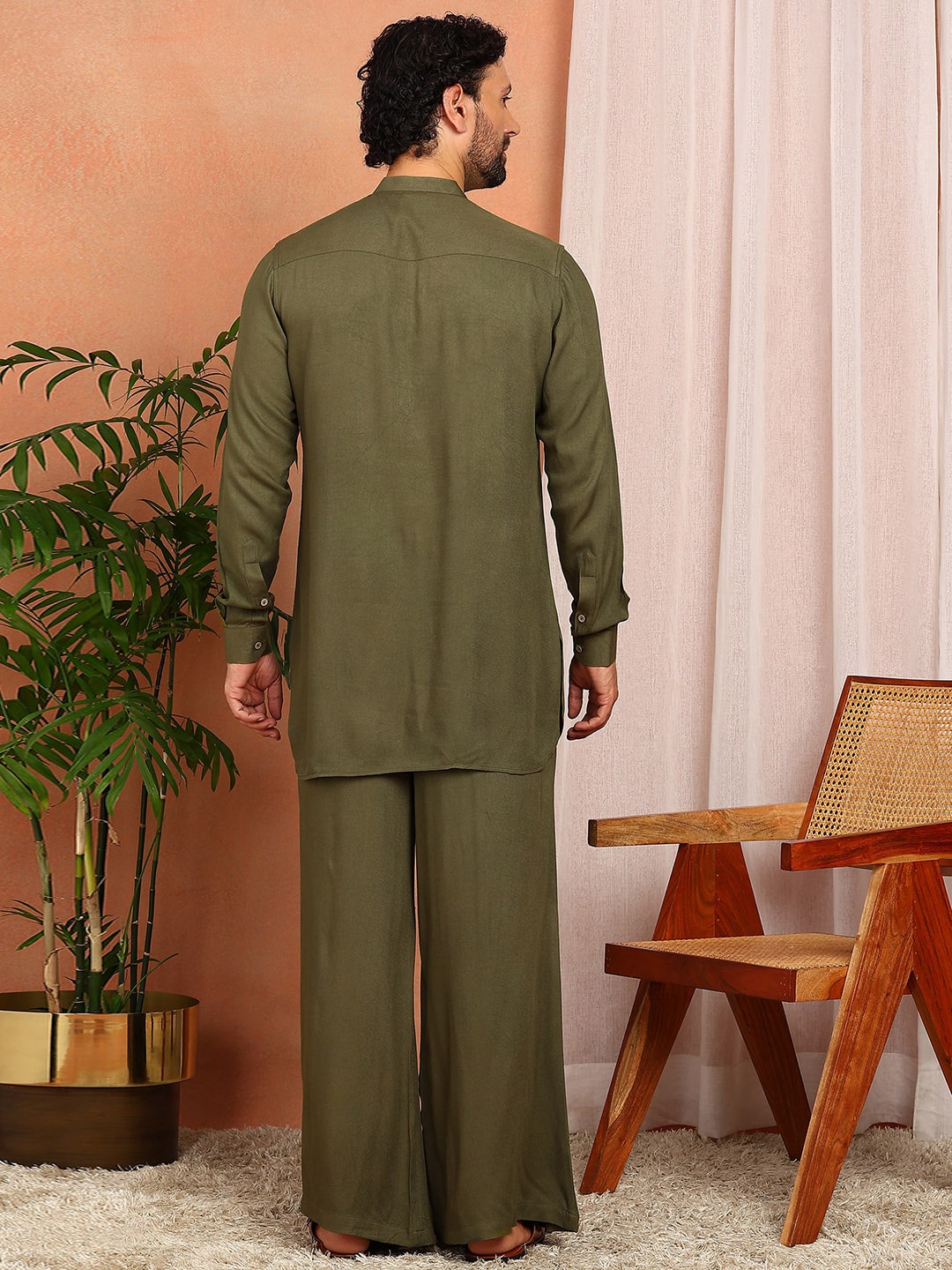 Men's Olive Viscose Rayon Solid Pathani Set
