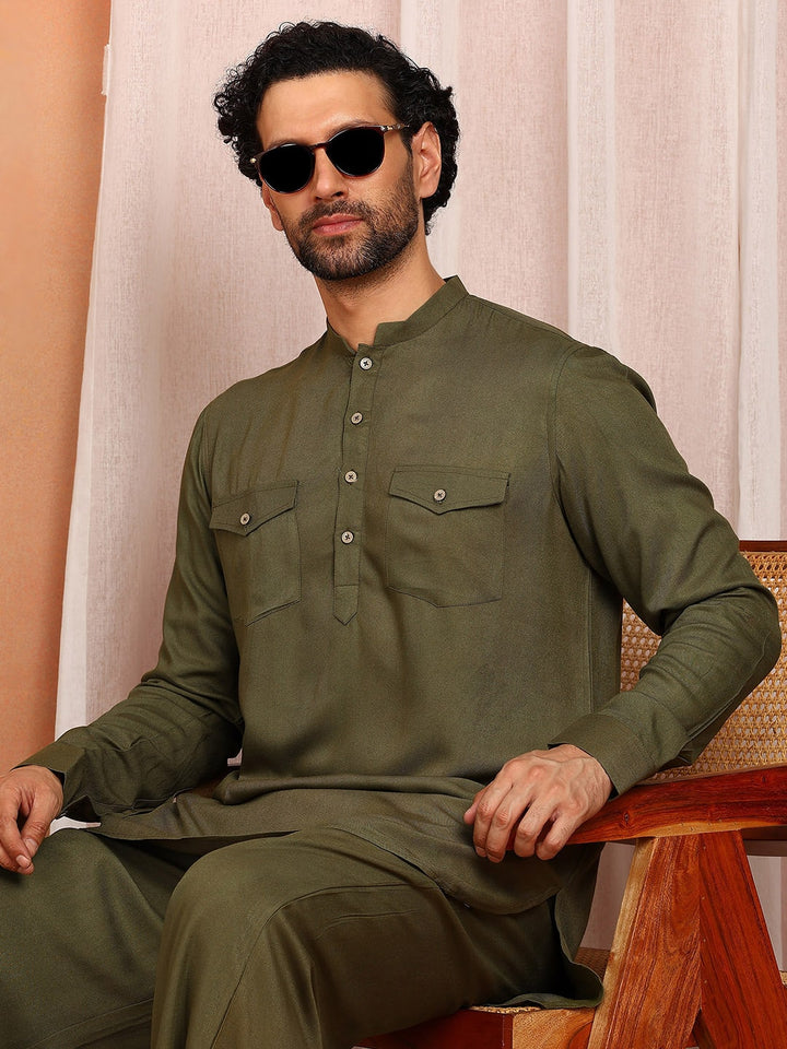 Men's Olive Viscose Rayon Solid Pathani Set