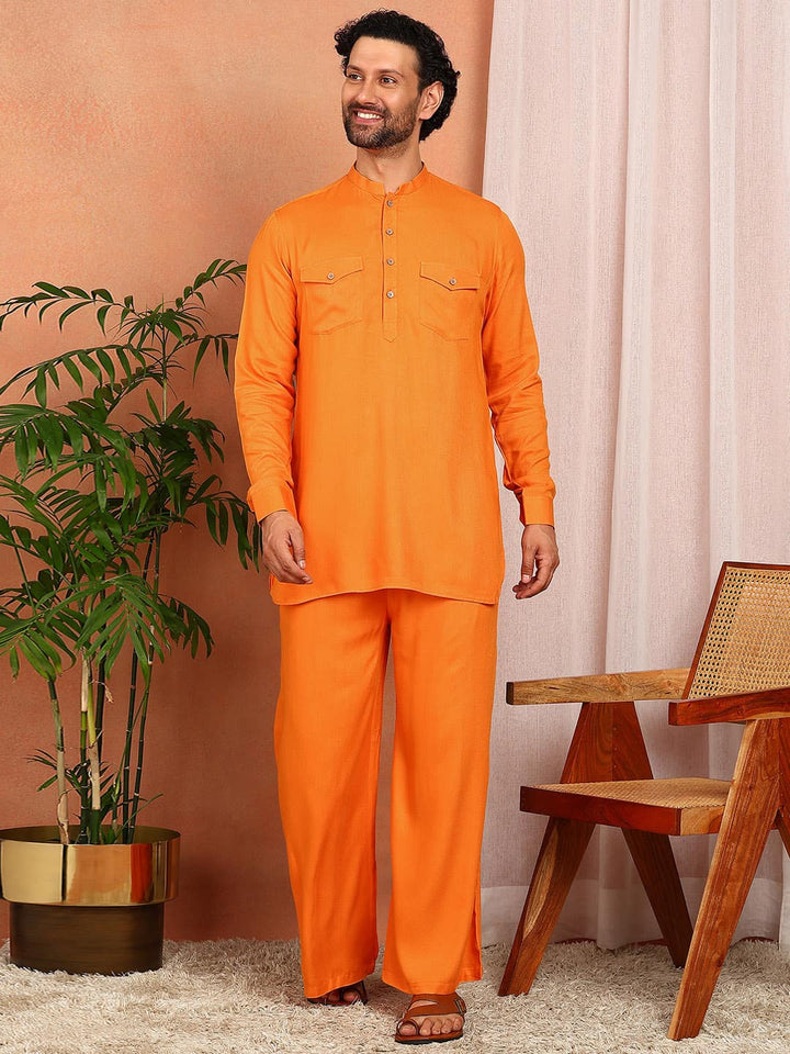 Men's Orange Viscose Rayon Solid Pathani Set