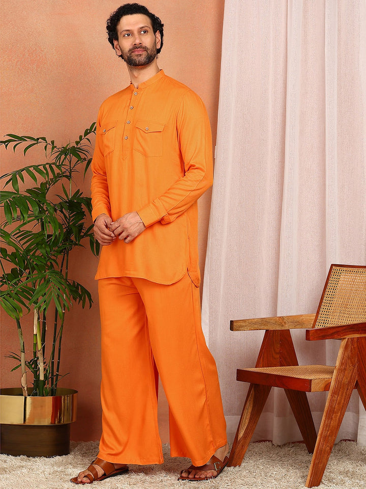 Men's Orange Viscose Rayon Solid Pathani Set