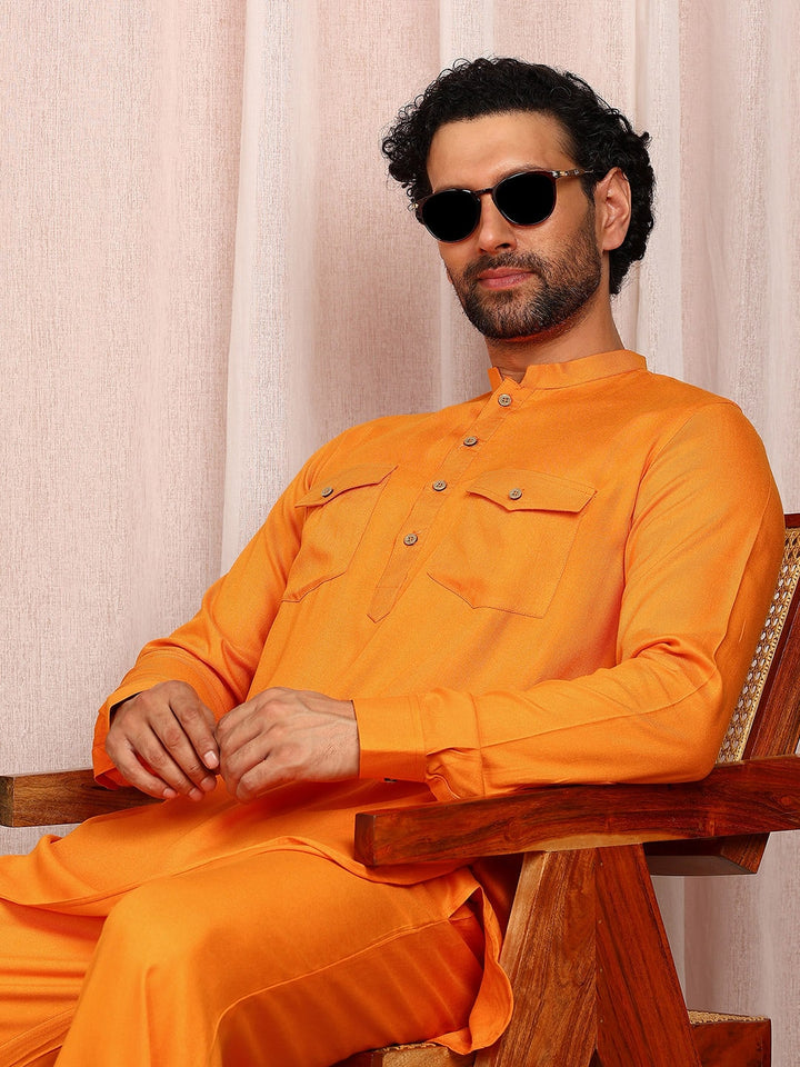 Men's Orange Viscose Rayon Solid Pathani Set