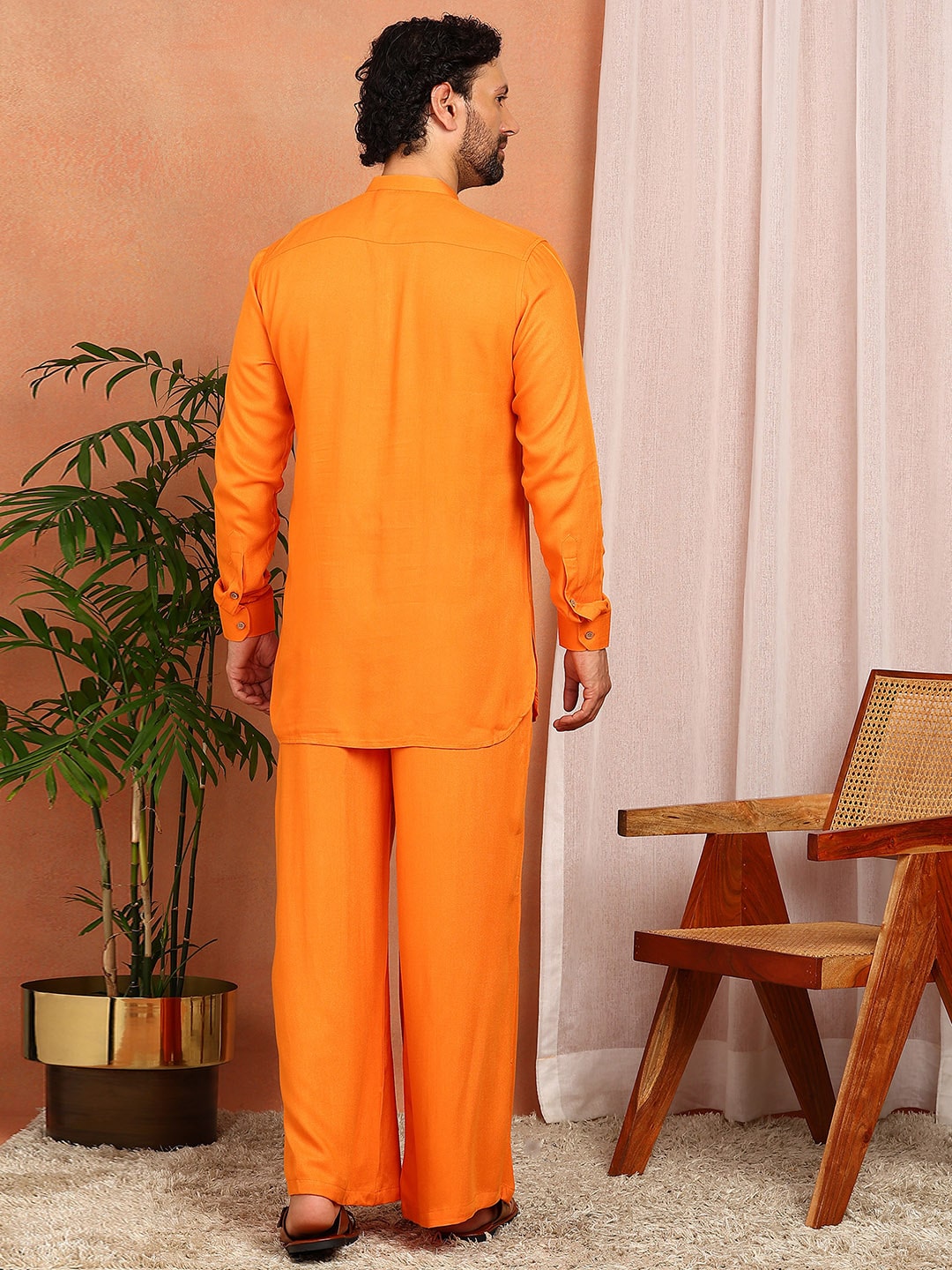 Men's Orange Viscose Rayon Solid Pathani Set