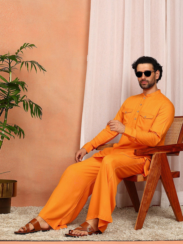 Men's Orange Viscose Rayon Solid Pathani Set