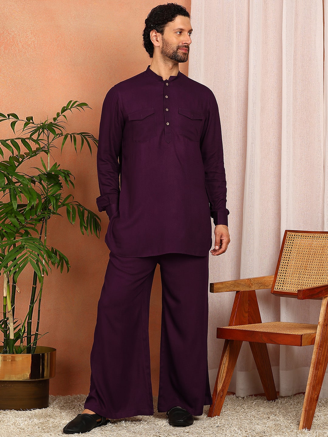 Men's Purple Viscose Rayon Solid Pathani Set