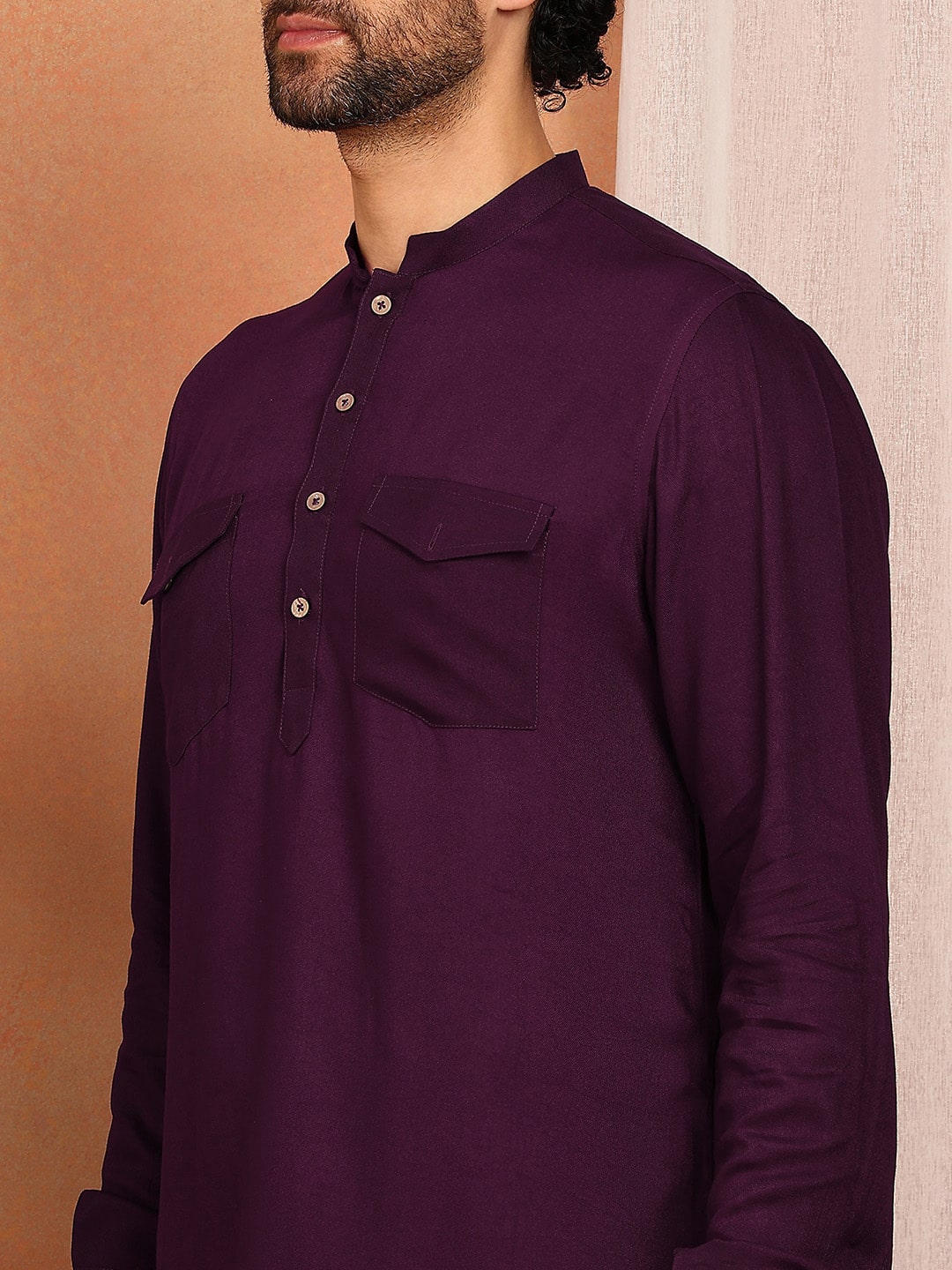 Men's Purple Viscose Rayon Solid Pathani Set