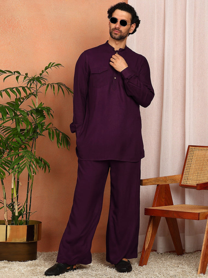 Men's Purple Viscose Rayon Solid Pathani Set