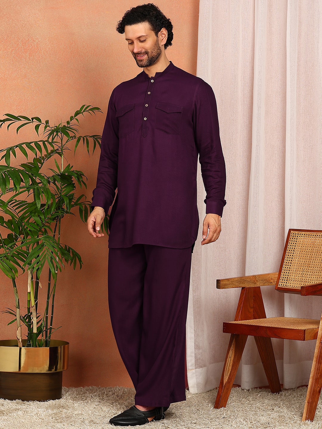 Men's Purple Viscose Rayon Solid Pathani Set