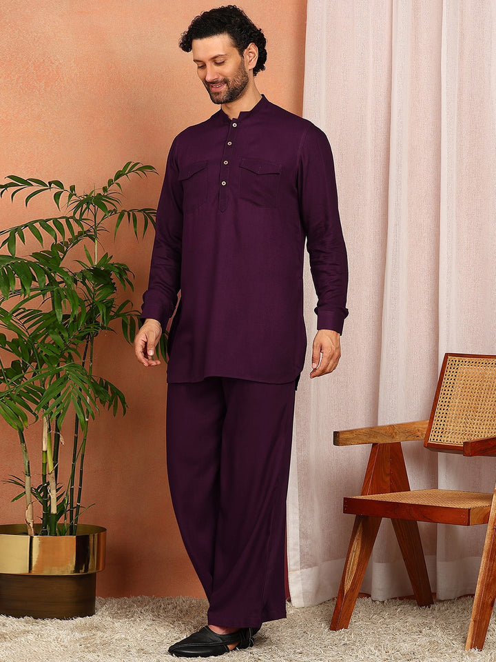 Men's Purple Viscose Rayon Solid Pathani Set