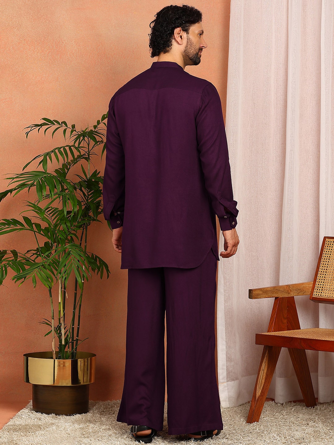Men's Purple Viscose Rayon Solid Pathani Set