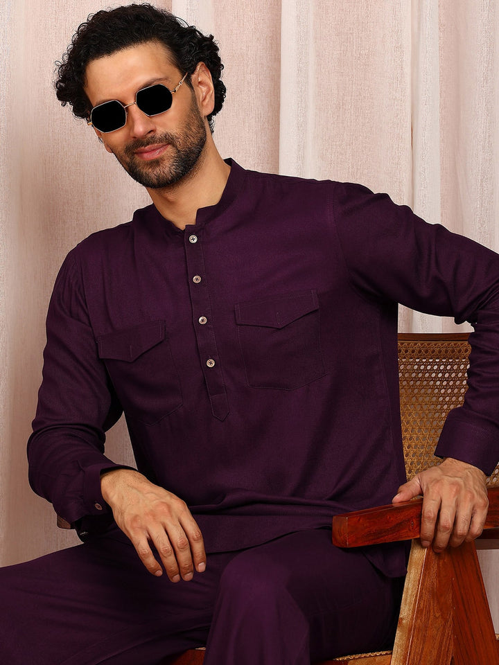Men's Purple Viscose Rayon Solid Pathani Set