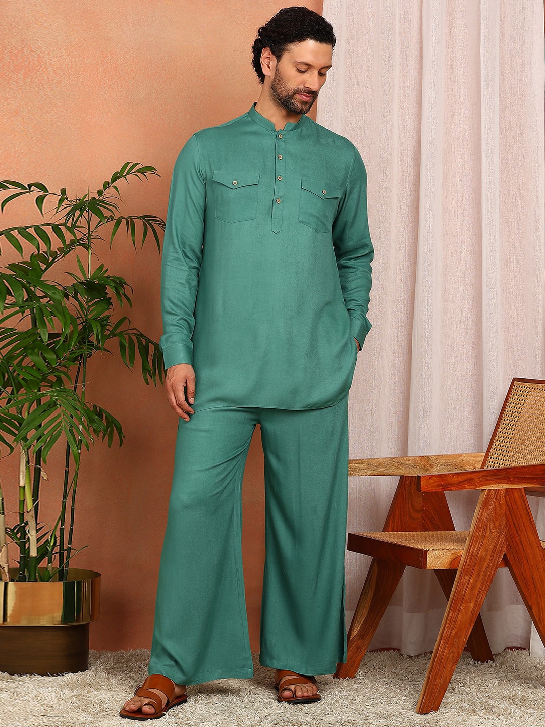 Men's Sea Green Viscose Rayon Solid Pathani Set