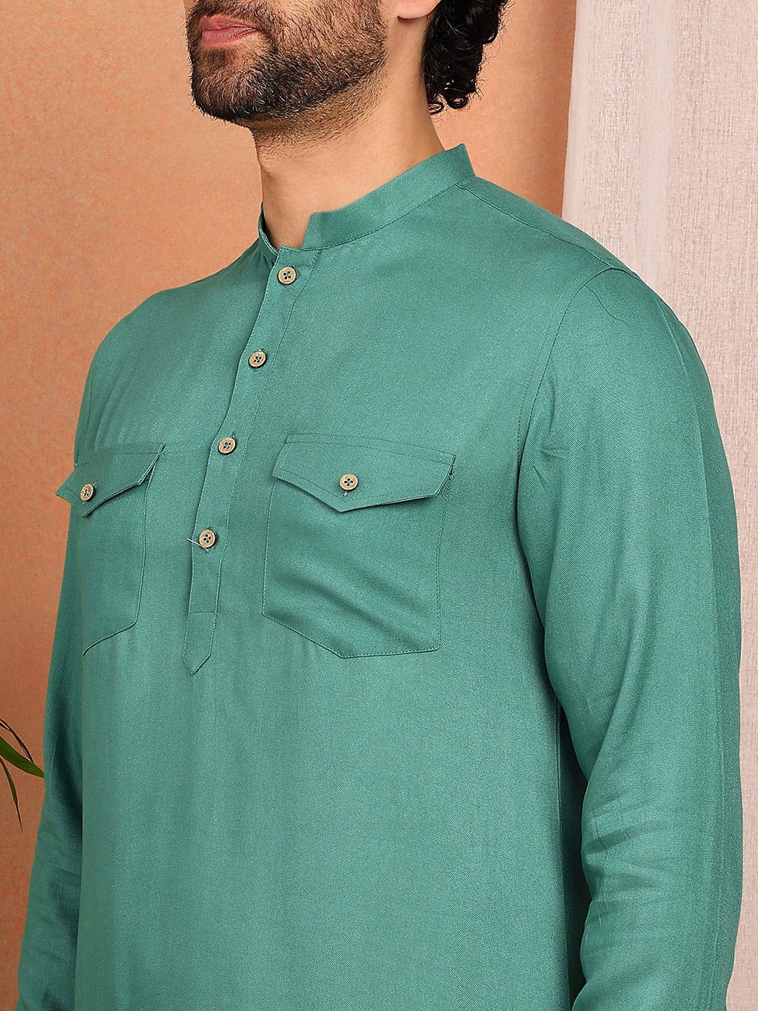 Men's Sea Green Viscose Rayon Solid Pathani Set