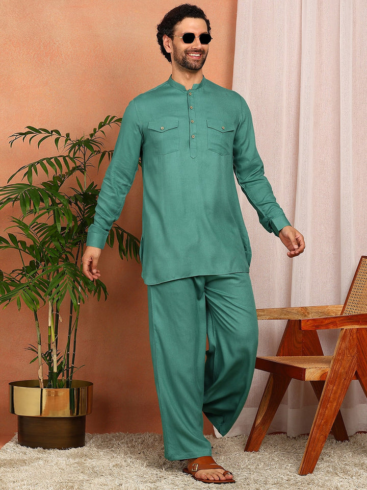 Men's Sea Green Viscose Rayon Solid Pathani Set