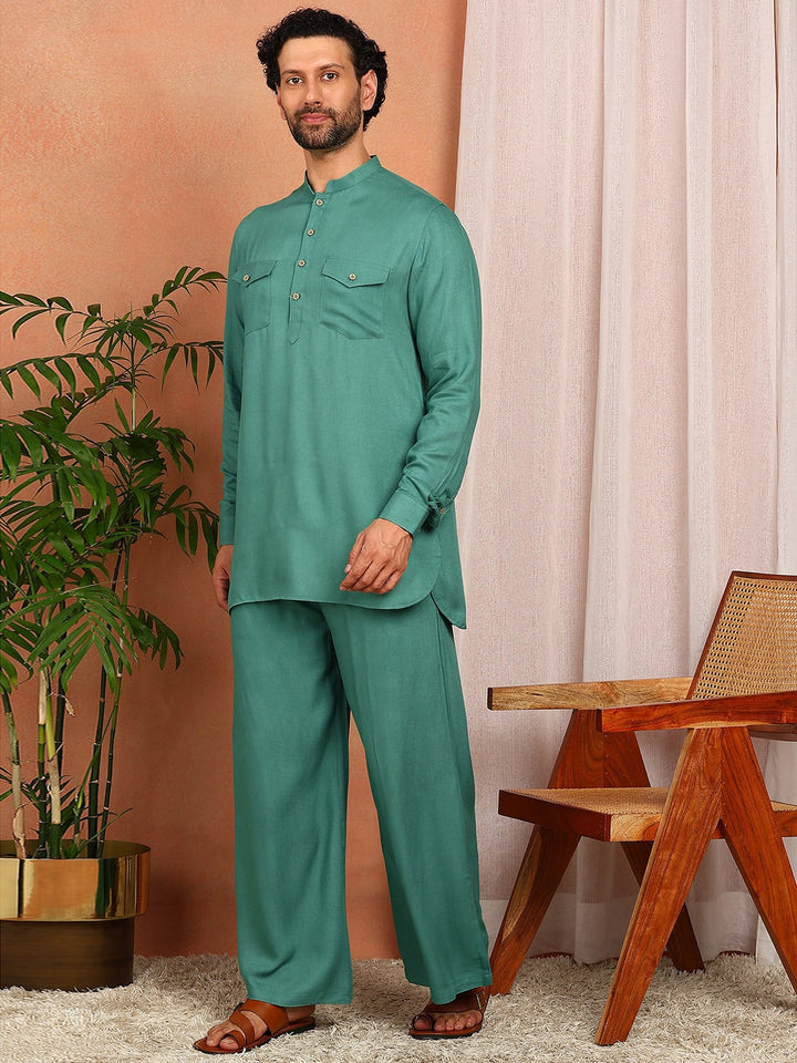 Men's Sea Green Viscose Rayon Solid Pathani Set
