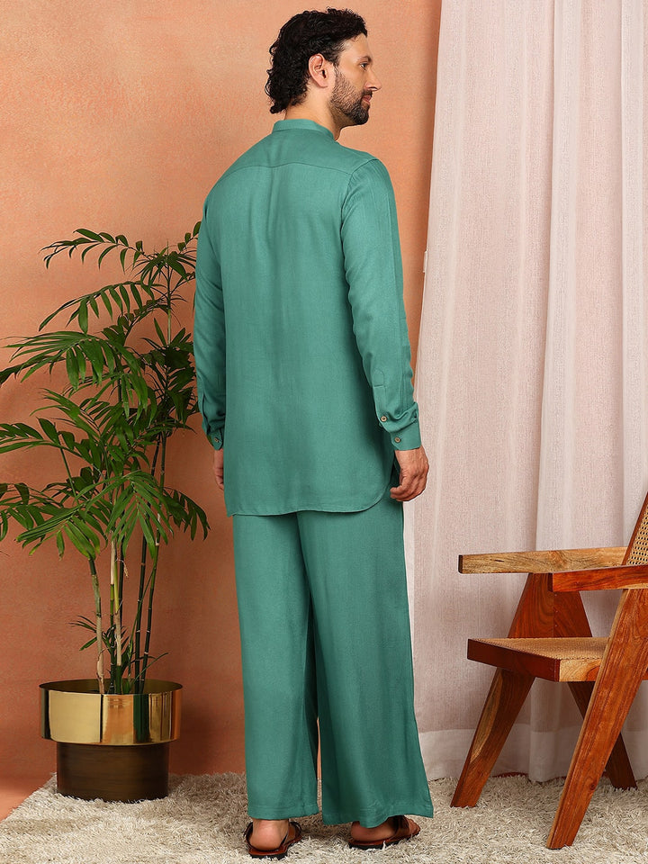 Men's Sea Green Viscose Rayon Solid Pathani Set