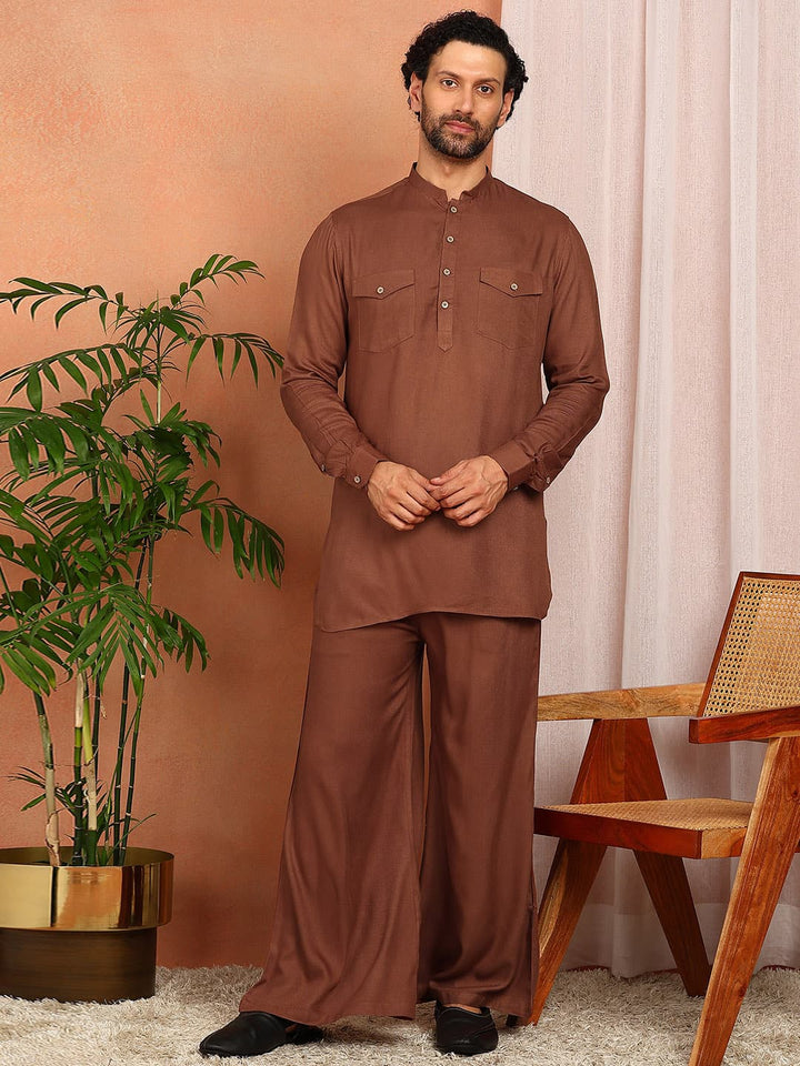 Men's Brown Viscose Rayon Solid Pathani Set