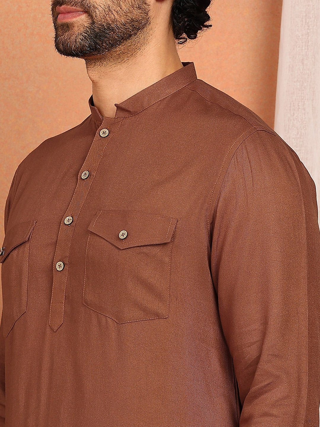 Men's Brown Viscose Rayon Solid Pathani Set