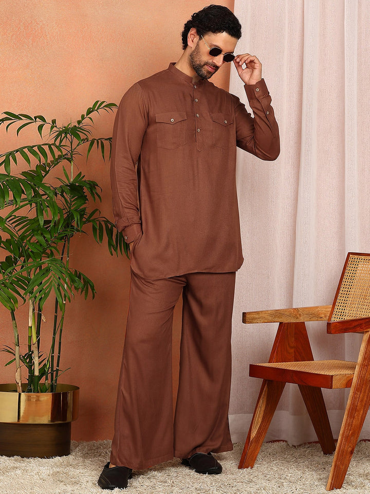 Men's Brown Viscose Rayon Solid Pathani Set