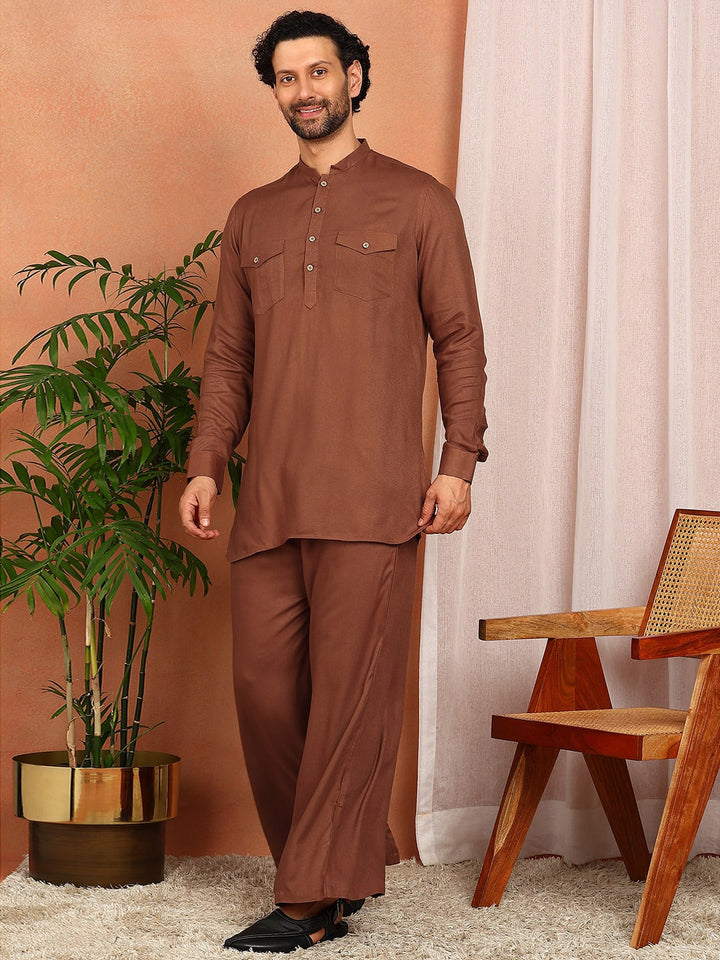 Men's Brown Viscose Rayon Solid Pathani Set